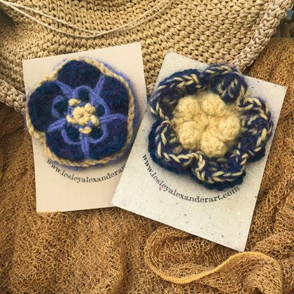 Yellow, Teal and Violet crocheted and lightly felted flower brooches